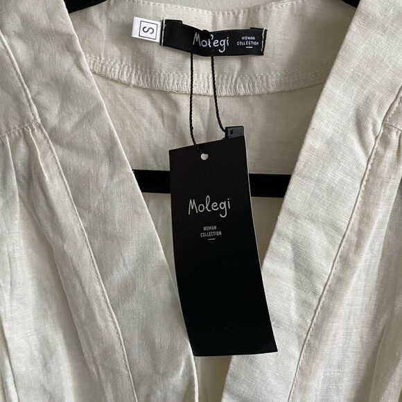 MOLEGI Short Sleeve Midi Dress Button Front Front Slit Cream S - Picture 6 of 8